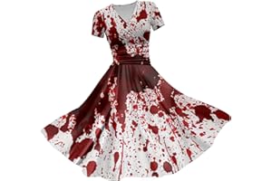 YULONGESS I´m Fine Halloween Kleid Damen mit Blutigem Print Mittelalter Kleid Problem Gelöst Drucken Halloween-Kostüm V-Ausschnitt Kurzarm Kostüm Party Bequemer Cocktailkleid Halloween Karneval
