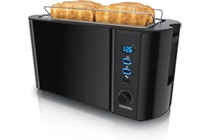 ‎ARENDO Arendo - Edelstahl Toaster Langschlitz 4 Scheiben - Defrost Funktion - wärmeisolierendes Gehäuse - mit integriertem Brötchenaufsatz - Krümelschublade - Display Restzeitanzeige - Klavierlack schwarz