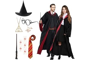 BIQIQI Costume di Wizard Adulti, Harry Costume Cosplay di Mago con Mantello da Mago Cravatta Bacchetta Magica Occhiali Collana Costumi da Mago per Adulti Carnevale Halloween Cosplay Feste