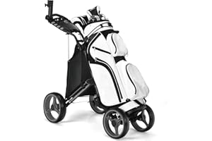 COSTWAY Carrello da Golf a Spinta e a Trazione, Carrello Golf Pieghevole Leggero a 4 Ruote con Borsa Impermeabile, Freno a Pedale, Porta Tazza e Porta Ombrello Regolabile