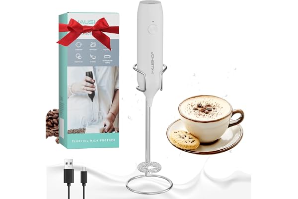 HAUSHOF Mousseur à Lait Électrique, Mousseur de Lait Portable avec Support, Rechargeable via USB, pour Café, Latte, Cappuccino, Matcha, Blanc