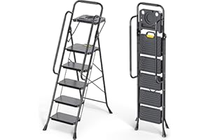 KINGRACK Escabeau à 5 marches en Acier Robuste avec Larges pédales antidérapantes, Main Courante, Design de Verrouillage sécurisé, Passe Les Tests de Charge de 362,9 kg, échelle Pliable Portable pour