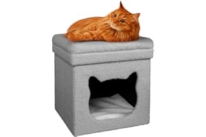 Froppi Fluffy Hugs | Premium Cat Bed for Indoor Cats | Foldable Cat House | Total Comfort | Fluffy Teddy Boucle Cat Cave Bed with Removable Washable Cushion L40 W40 H44 cm Grey