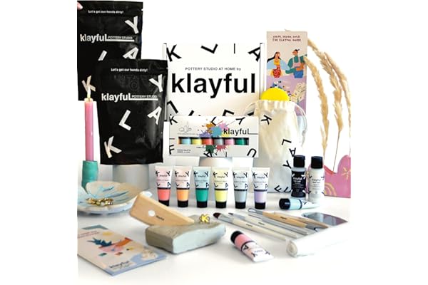 KLAYFUL – Kit Poterie Adulte Pour Débutants avec 3kg d’Argile Blanche Autodurcissante Sans Cuisson | Couleurs Pastel, Outils, Pinceaux, Base Blanche, Vernis, Guide Inclus