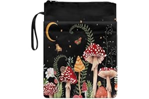 KUIFORTI Mushroom Book Sleeve Black Book Protector,Mushroom Butterfly Book Covers for Paperbacks,Washable Fabric Book Protector Book Pocket Book Organizer Pouch for Woman Student
