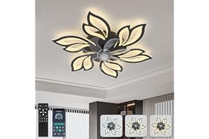 ‎YUNLONG 65cm Deckenventilator mit Beleuchtung Leise Moderne Led Lampe mit Ventilator und Fernbedienung Wintermodus DC Motor Dimmbar Deckenlampe mit Ventilator Blume für Schlafzimmer Wohnzimmer Küche,Schwarz