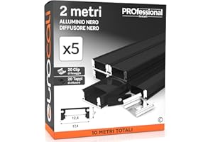 Eurocali 5x Profili da 2 metri (10mt) in Alluminio Nero per Strisce LED Copertura Opaca - larghezza max striscia led 12.4mm - 17.4 x 7