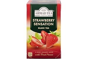 Ahmad Tea - Strawberry Sensation – czarna herbata z truskawkami – z kawałkami owoców – pojedynczo zapakowane, zapieczętowane torebki herbaty z 2 g herbaty na porcję – 20 torebek herbaty z tasiemką
