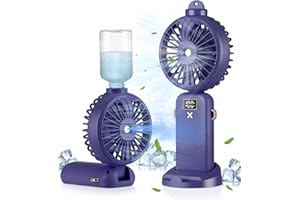 AXNSATRE Mini Ventilateur Brumisateur Portable USB - 3 in 1 Bleu Petit Ventilateur Rechargeable, 4000mAh Puissant Ventilateur Main Pliant, 5 Vitesses, pour Voyage, Bureau, Camping, Table