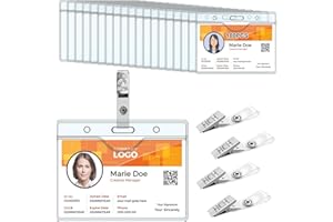 HIMOMO Porta badge con clip, 100 pezzi in plastica trasparente, 100 clip in metallo trasparente per carte d'identità e targhette
