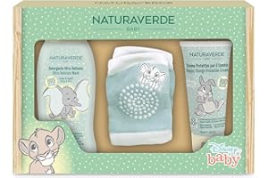 Naturaverde | Kids - Disney Baby - Set Regalo con Detergente Corpo e Capelli 200ml, Crema Protettiva per il Cambio 100ml e Ginocchiere per Gattonare con Antiscivolo