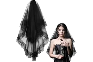 CHONGQILAO Velo da Sposa di Halloween Velo di Pizzo Nero, Guanti Corti in Pizzo Guanti da Sposa, Guanti Da Donna per Halloween, Carnevale, Matrimonio, Cosplay