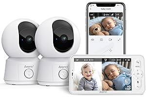 ARENTI Baby Monitor Video e Audio con 2 Telecamere 1080P, Telecamera Bambini con Monitor 5'', Rilevamento Intelligente, Audio Bidirezionale, Promemoria di Allattamento, Sensore di Temperatura
