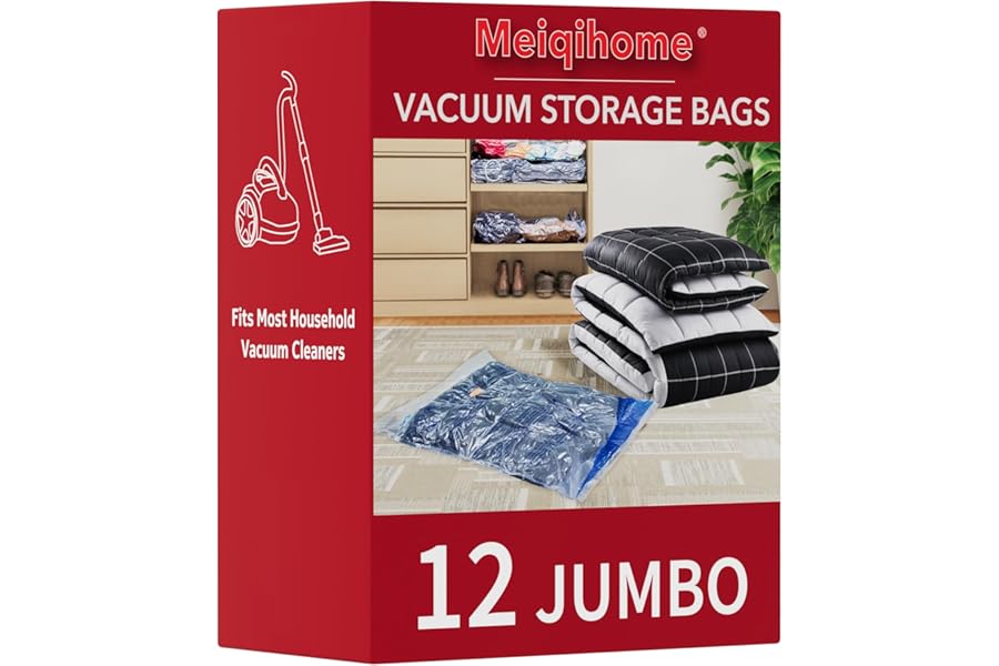 Vacuum Storage Bags 12 Jumbo, Space Saver Sealer Bags, Airtight Compression Bags for Clothes, Pillows, Comforters, Blankets, Bedding