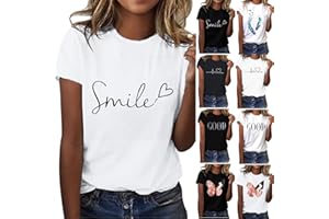 Shobdw Sommer Tshirt Damen T-Shirt Basic Smile Bedrucken Rundhalsausschnitt Oberteile Baumwolle Casual Damen Kurzarm Bluse Tops Elegant Sportshirt
