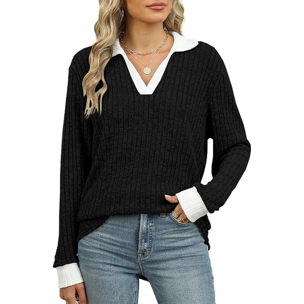 KINLONSAIR Women’s Long Sleeve Henley Top – Slim Fit, Ribbed Knit & Button Detail