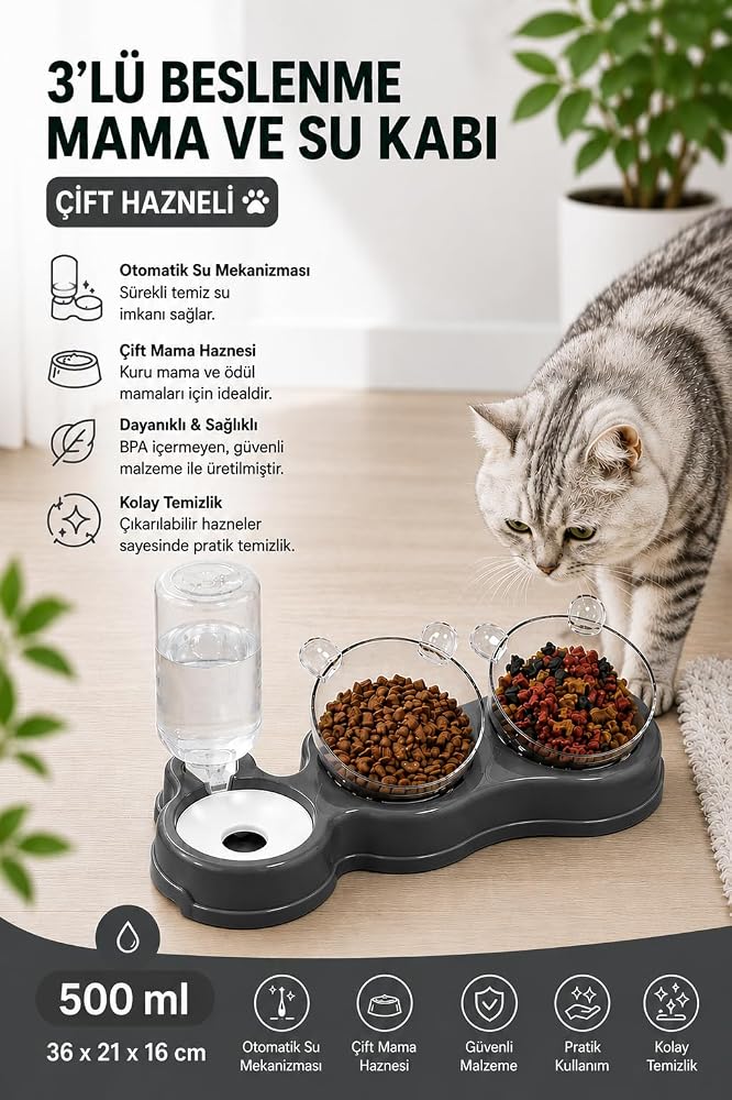 Glipet Çift Hazneli- 3' lü Beslenme Mama ve Su Kabı Gri 500 ml 36*21*16 cm