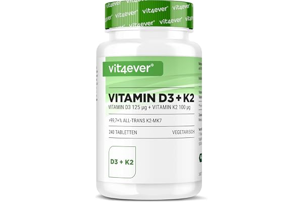 Vitamine D3 + K2 MK7-240 Comprimés - 5.000 U.I. (125µg) Vitamine D3 & 100µg K2 par Comprimé - Matière Première Premium: 99,7+% All-Trans (K2VITAL® by Kappa) - Haute Pureté - Forte Dose - Végétarien