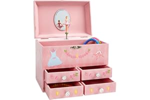 Jewelkeeper Pink Diamond and Flowers Large Musical Jewellery Storage Box with 4 Pull-out Drawers, Girl's Jewel Box, Swan Lake Tune