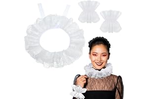Josojoou 3er-Pack Spitze Rüschen Kragen Manschetten Set Weiß Spitzenkragen Halskrause Manschetten 1 Paar Lolita-Ärmel Und 1 Spitze Halsausschnitt Für Clown Kostüm Halloween Cosplay Party