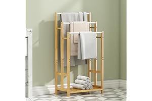 Dripex Freestanding Towel Rack, Towel Shawls Holder with Bamboo Storage Shelf, Stainless Steels Rods, Bamboo Frame, Lightweight, for Home, Bathroom (L46xW24xH76/86/96cm)