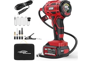 AUTDER Cordless Tyre Inflator Air Compressor, Featuring a 21V Rechargeable Battery and 12V DC, Delivers up to 180PSI Max Pressure. Perfect for Cars, Motorcycles, Bicycles, and Balls, Red Black
