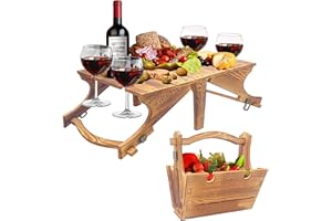 SWEETBIUTI Picnic Table Wooden Folding Table 2-in-1 Basket Table with Wine Glass Holder Outdoor Storage Table Portable for Camping Beach Wine Lover Gift 11.8 * 9.1 * 5.9inch