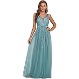 Ever-Pretty Vestito da Cerimonia Scollo a V Senza Maniche con Appliques Stile Impero Linea ad A Lunghezza del Piano da Donna 