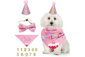 NITAIUN 4 Pezzi Cane Compleanno Bandana Cappello Papillon Set, Cappello Compleanno per Animali Domestici Cappello Festa Cane Gatto Pet Supplies Festa di Compleanno Decorazioni (Rosa)