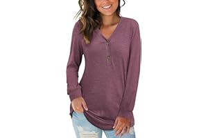 AUSELILY Camiseta de Manga Larga con Cuello en V para Mujer Blusa Henley Botones Camiseta Holgada Causal Túnica Top