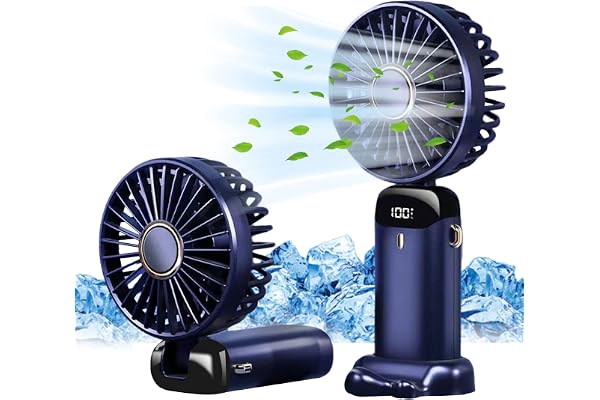 Jsdoin Ventilateur portable rechargeable par USB avec 5 vitesses,mini ventilateur de bureau pliable avec écran LED pour la maison, le bureau,la chambre à coucher, les voyages en plein air (Bleu Foncé)