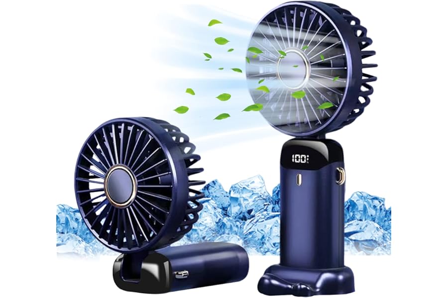 Jsdoin Hand Held Fan,Portable Handheld USB Rechargeable Fans with 5 Speeds,Battery Operated Mini Fan Foldable Desk Desktop Fans with LED Display for Home Office Bedroom Outdoor Travel (DarkBlue)
