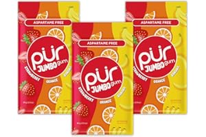 PUR GUM PUR Jumbo Gum | Chewing-gum Sans Aspartame | Au Xylitol |Arôme naturel Strawberry, Banana, Orange, 20 Pièces (Lot de 3)