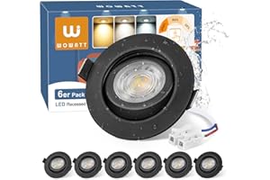 wowatt 6 Pack Focos LED Interior Techo Negro Regulable, 6W 640LM Downlight LED Techo Empotrable Orientable Luz Calida 3000K Neutra 4000K Frío 6000K, IP44 Ojos de Buey para Baño, Corte 68mm-75mm