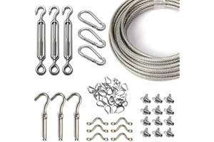 HHOOMY Kit de Cuerda de Acero Inoxidable, Kit de Luces para Exteriores, Kit de Suspensión de Cuerda, Cable de Cable de 50m con Tensor y Ganchos, Cable de Acero Galvanizado, Cable de Guía de Luz de Cadena