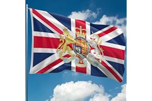 KASKANA Union Jack Flag – British Flag - UK Flag with Royal Coat of Arms - Double-sided Digital Print - 110Den Thick polyester - Double Seam - 2 brass eyelets, large 5ft x 3ft