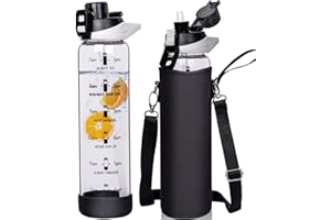 Seekua sportowa butelka na napoje, 1 l, ze słomką i znacznikami czasu, szczelna, bez BPA, motywacyjna, z pokrowcem ochronnym, do smoothie, do napojów gazowanych