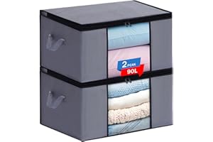 JAECU 2 Pezzi 90L Scatole per Vestiti Salvaspazio, Scatola per Armadio Pieghevole Porta Abiti con Manico Rinforzato, per Coperte Biancheria da Letto, 60x43x35cm