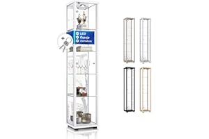 K-Möbel Vitrina para Colecciones (176x37x33cm) - Fabricado en Alemania - Vitrina expositora para Colecciones de Cristal Blanco con 4 estantes de Vidrio Ajustables, Espejo, Cerradura y LED