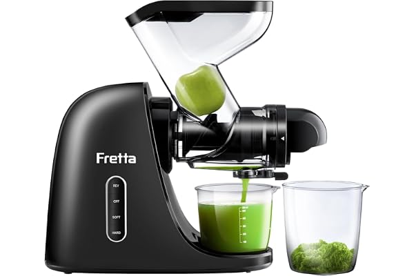 Fretta Extracteur de Jus à Pression à Froid, Goulotte d'alimentation Large de 76 MM, Presse-agrumes à Froid sans BPA, Extracteur de Jus de Fruits et Légumes, Recettes de Jus Incluses (Noir)