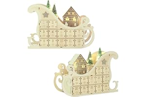 LEMESO Calendarios de Adviento Navidad 2024 Decoraciones de Madera Coche de Trineo de Santa con 24 Cajones Gabinete para Chuches Bombones Mini Trineo Calendario de Adviento