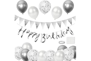BEKOIUP Luftballons Geburtstag Dekoration Set, Weiß Silber Geburtstagsdeko Happy Birthday deko Banner Party Deko Geburtstag Set mit Silber Luftballons Konfetti Ballons Dreiecksflaggen Girlanden