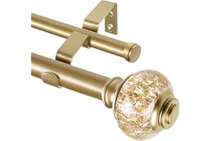 USFOOK 1 Inch Double Curtain Rods 72 to 144 Inches (6-12 ft) Drapery Rods for Windows 69 to 140 Inches, Telescoping Dual Curtain Rod with Luxury Gold Translucent Finials