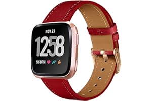 CeMiKa Bracelet en Cuir Compatible avec Fitbit Versa Bracelet/Fitbit Versa 2 Bracelet, Cuir Classique Band de Remplacement Compatible avec Fitbit Versa/Versa 2/Versa Lite/SE, Rouge/Or Rose