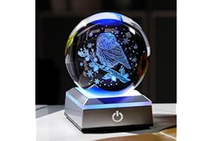 Ornalrist 3.15" Crystal Ball 3D Engraved Owl Figurine Gifts for Women Men Glass Owl Sphere Ornament with Colourful LED Base Ideas on Birthday Christmas for Home Decor