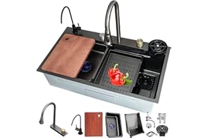 DSMRLEOP Fregadero cascada de 1 Cubeta, Multifuncional Fregadero de cocina, juego de Fregadero de Acero Inoxidable doméstico, fregadero fregadero negro con sifón, rebosadero y desagüe así como otros a