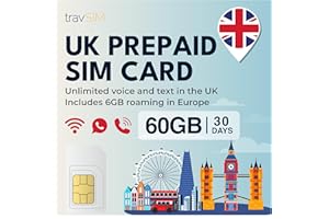 travSIM UK SIM Card | 60GB di Dati + Chiamate e SMS Illimitati nel Regno Unito | 6GB di Roaming in Europa | Dati Mobili Prepagati Veloci 4G/5G | Validità 30 Giorni
