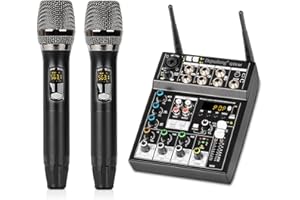 Depusheng GT6-M Audio-Mixer, 6-Kanal-Soundkonsole mit zwei drahtlosen Mikrofonen, Soundboard-Konsole Bluetooth-USB-DJ-Mixing für Karaoke-Party-Computer-Studio