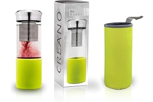 Creano Théière Teamaker 400ml – Bouteille de Thé à Emporter en Verre avec Passoire pour Thé en Vrac et Housse Néoprène – Idéale pour Thé Chaud ou Froid, Portable, Couleur Vert