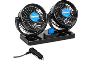 SKIBILES Auto Ventilator 12V, Doppelkopf Lüfter mit 360° Drehung und 2 Geschwindigkeiten, Einstellbarer Zigarettenanzünder-Anschluss, Leiser Auto Lüfter für LKW, SUV, Van, Wohnmobil, Boot & Auto im Sommer